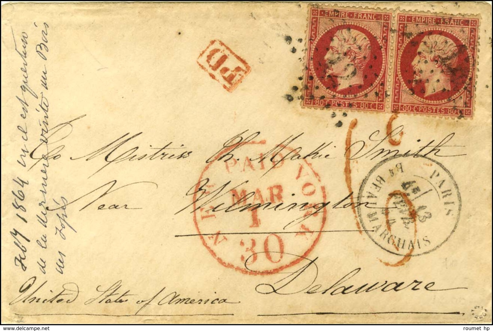 Etoile 12 / N° 24 Paire Càd PARIS / BD BEAUMARCHAIS Sur Lettre Pour L'état Du Delaware (Etats Unis). Au Recto, Taxe Tamp - 1862 Napoleon III