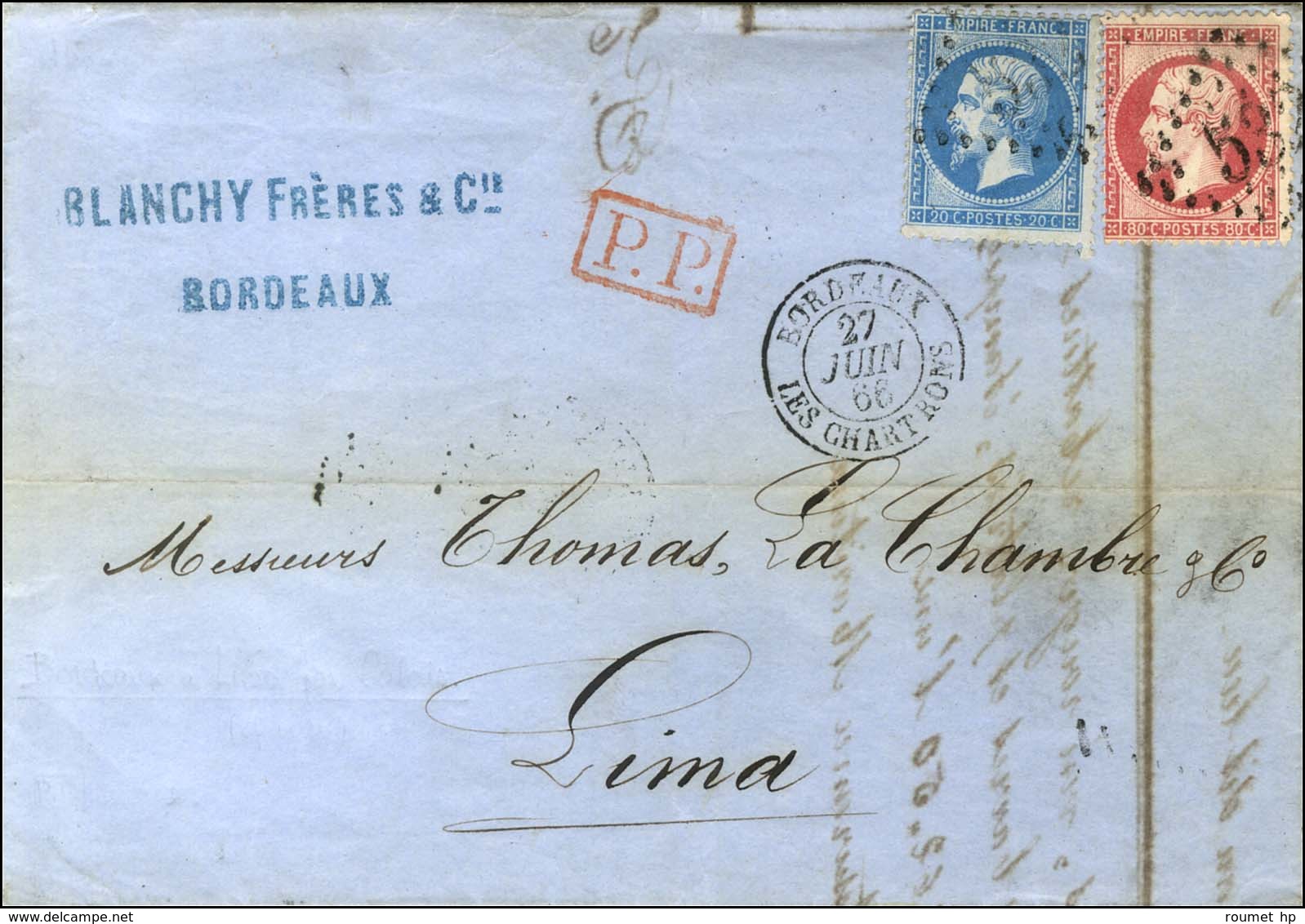 GC 532 / N° 22 + 24 Càd BORDEAUX / LES CHARTRONS Sur Lettre Pour Lima. 1866. - TB. - 1862 Napoleon III