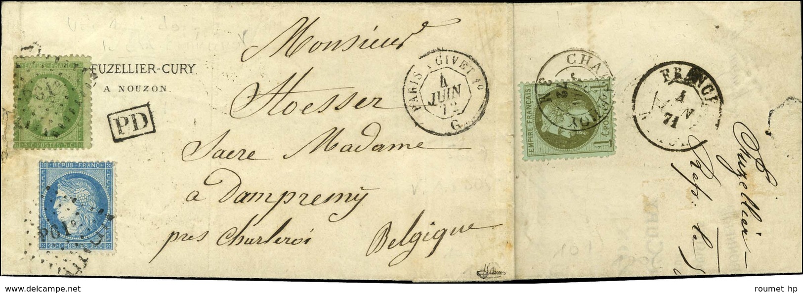 Losange PC 1 / N° 20 + 60 Càd PARIS A GIVET 1e Sur Lettre Pour Charleroi (Belgique). Au Verso, Càd CHARLEROI / 1c Lauré  - 1863-1870 Napoléon III Lauré