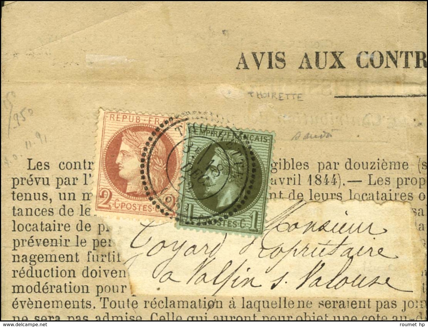 Càd T 24 THOIRETTE (38) / N° 25 + 51 Sur Avis Au Contribuable Adressé Sous Bande. 1872. - TB. - 1863-1870 Napoleone III Con Gli Allori