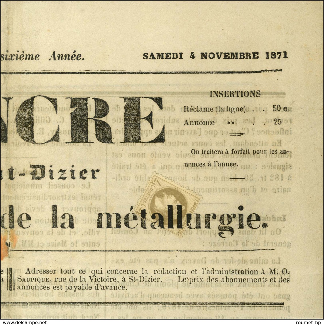 Oblitération Typo / N° 27 Sur Journal Entier L'Ancre De St Dizier Daté Du 4 Novembre 1871. - TB. - R. - 1863-1870 Napoleon III Gelauwerd