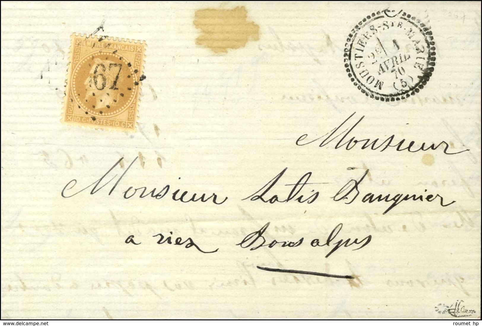 GC 2567 / N° 28 Càd T 23 MOUSTIERS Ste MARIE (5) Sur Lettre Locale Pour Riez. 1870. - TB. - R. - 1863-1870 Napoleon III With Laurels