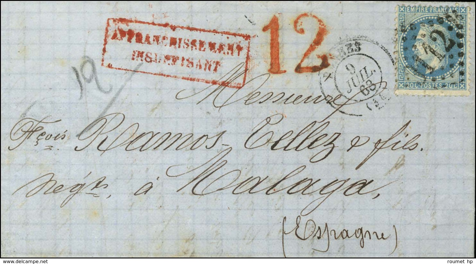 GC 3112 / N° 29 Càd T 15 RENNES (34) Sur Lettre Insuffisamment Affranchie Pour Malaga, Taxe Tampon 12 Rouge. 1868. - TB. - 1863-1870 Napoleone III Con Gli Allori