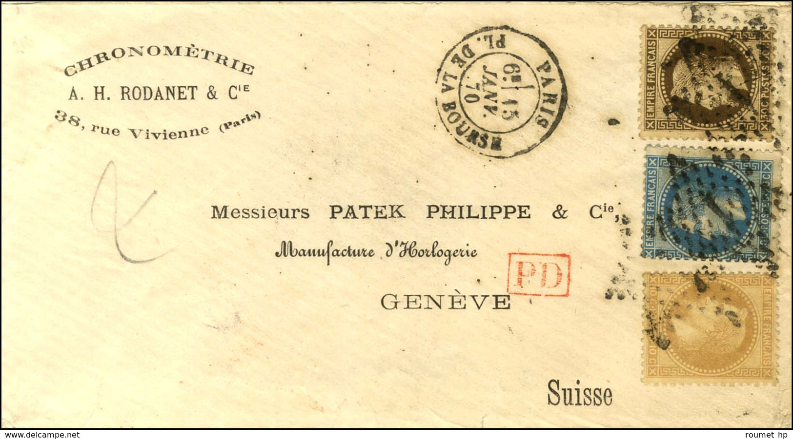 Etoile 1 / N° 28 + 29 + 30 Càd PARIS / PL. DE LA BOURSE Sur Lettre 2 Ports Adressée à Messieurs Patek Philippe à Genève. - 1863-1870 Napoleon III With Laurels