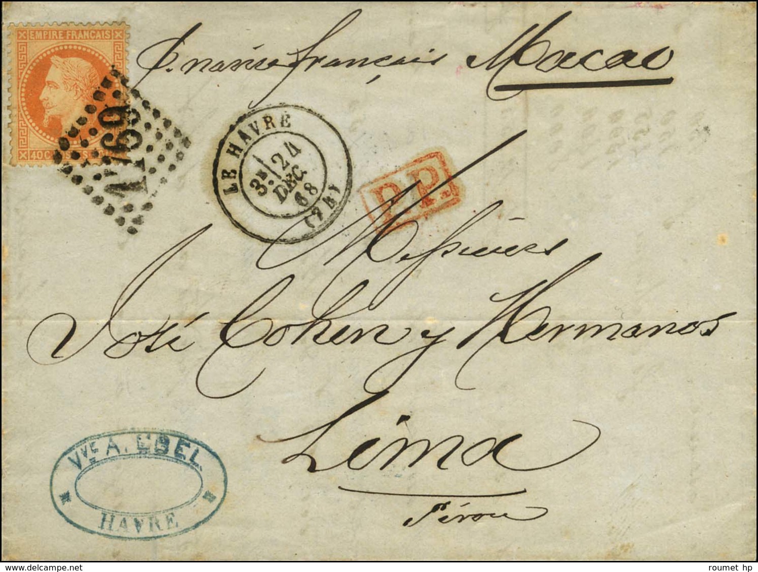 GC 1769 / N° 31 Càd T 17 LE HAVRE (74) Sur Lettre Pour Lima Par Bâtiment De Commerce. 1868. - TB / SUP. - 1863-1870 Napoleon III Gelauwerd