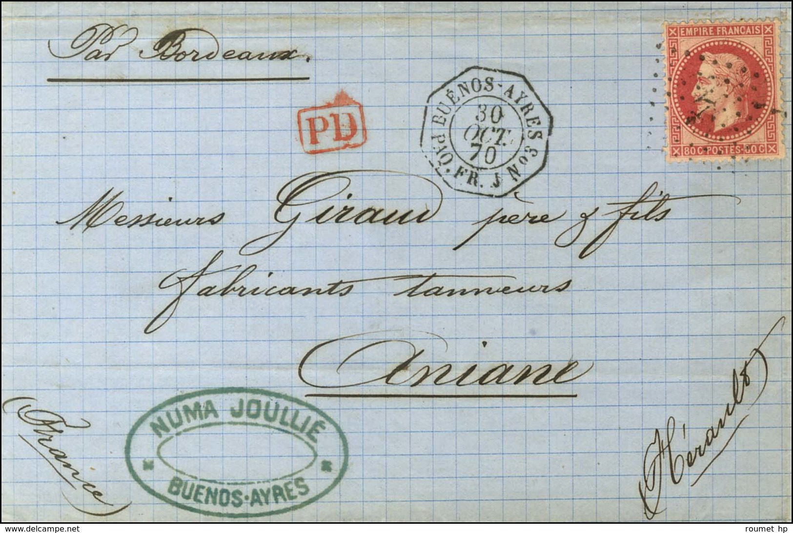 Ancre / N° 32 Càd Octo BUENOS AYRES / PAQ.FR. J N° 3 Sur Lettre Pour Aniane. 1870. - SUP. - R. - 1863-1870 Napoleon III Gelauwerd