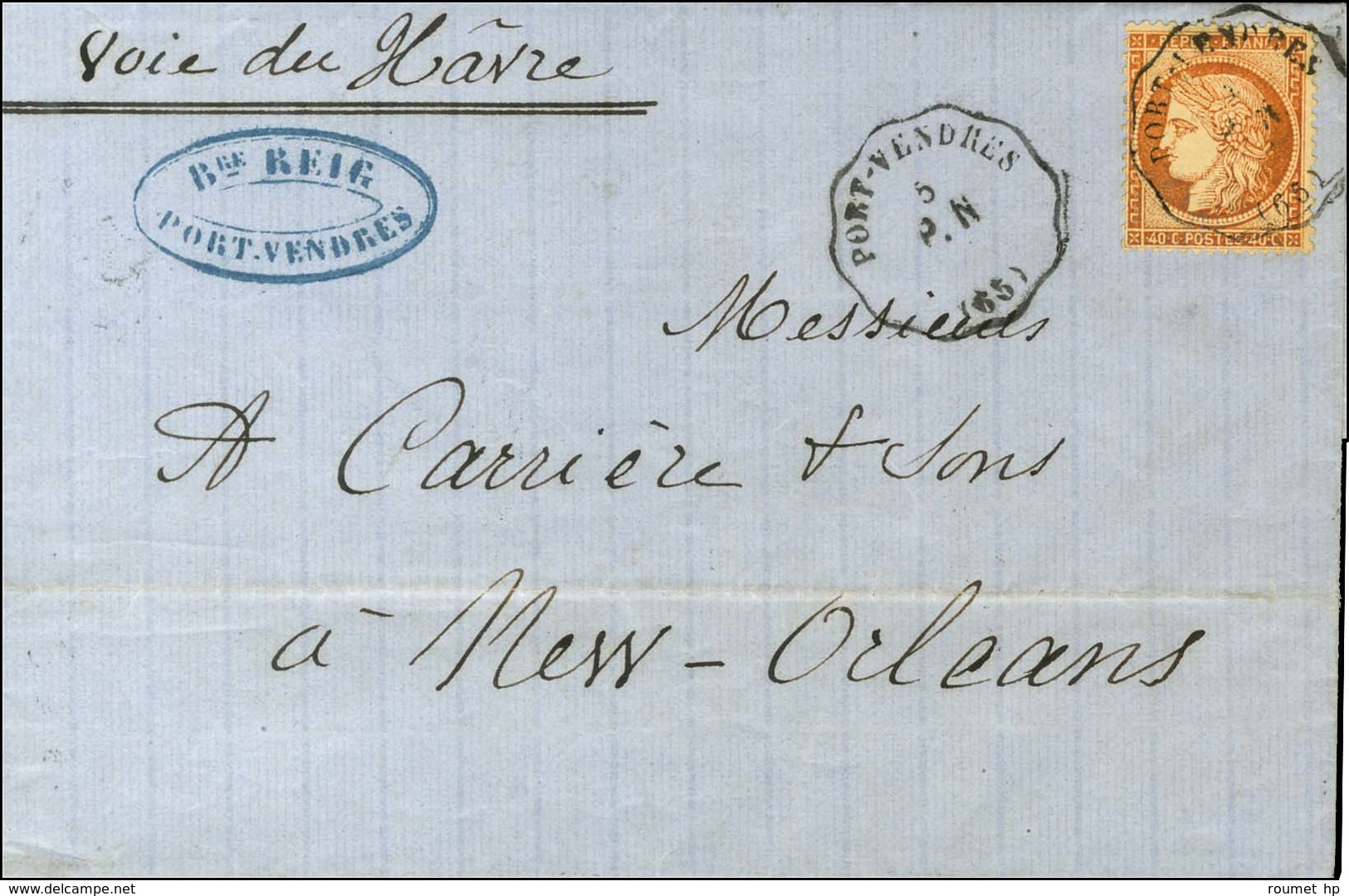 CONV. STAT. PORT VENDRES / P.N. (65) / N° 38 Sur Lettre Pour La Nouvelle Orléans. 1877. - TB / SUP. - 1870 Siege Of Paris