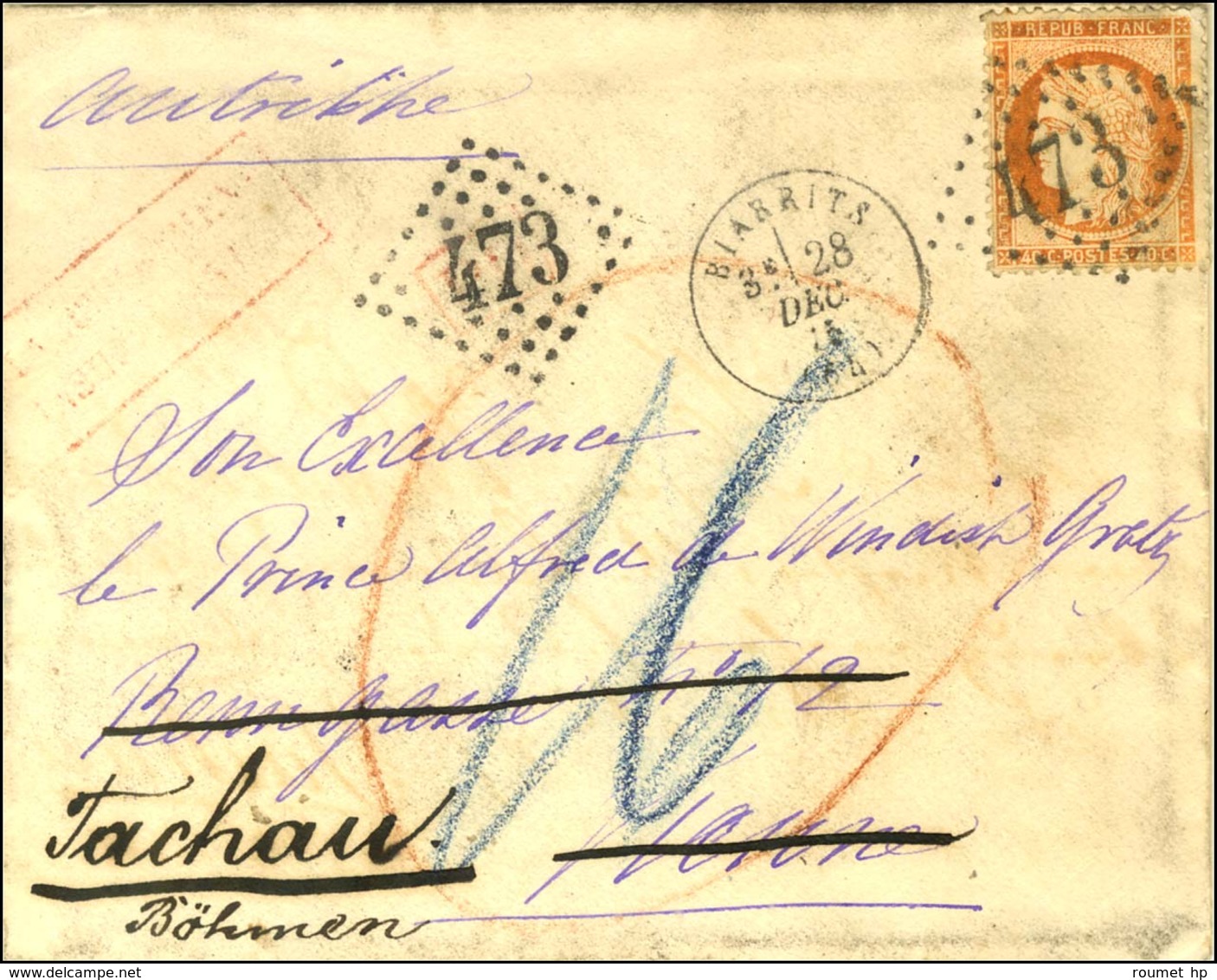 GC 473 / N° 38 Càd T 16 BIARRITS (64) Sur Lettre Insuffisamment Affranchie Pour La Bohême. 1875. - TB. - 1870 Assedio Di Parigi