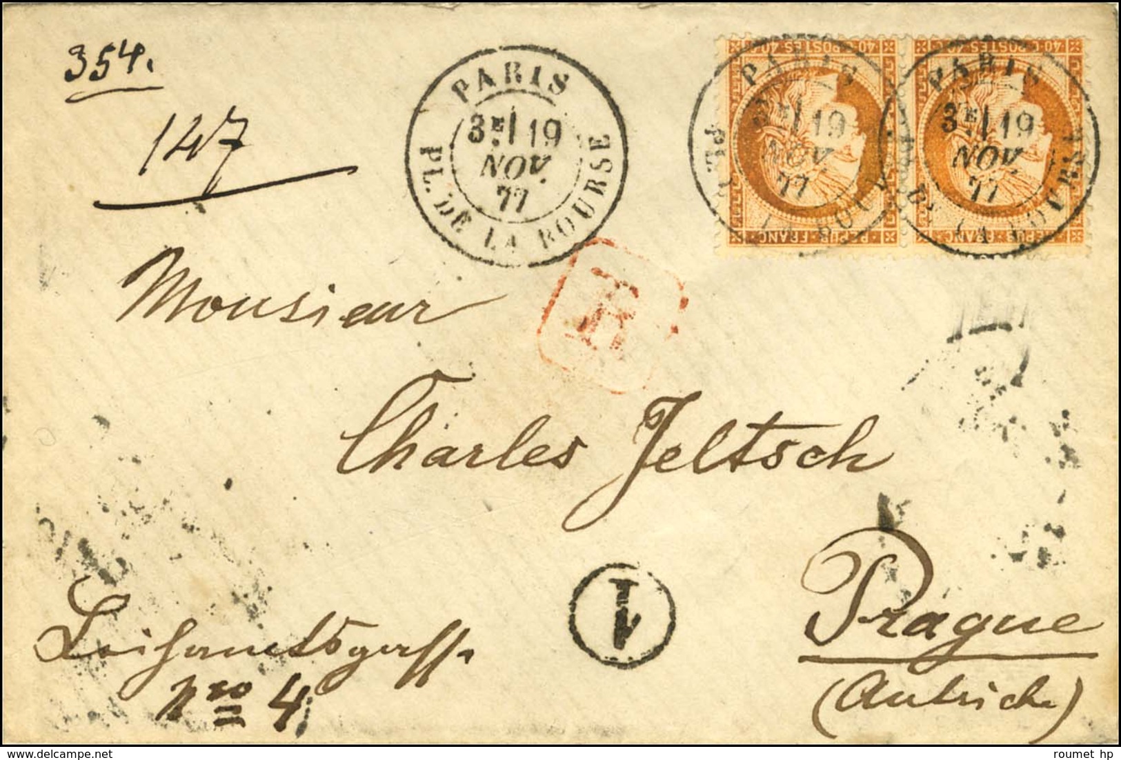 Càd PARIS / PL. DE LA BOURSE / N° 38 (2) Sur Lettre Recommandée Pour Prague. 1877. - TB / SUP. - 1870 Assedio Di Parigi