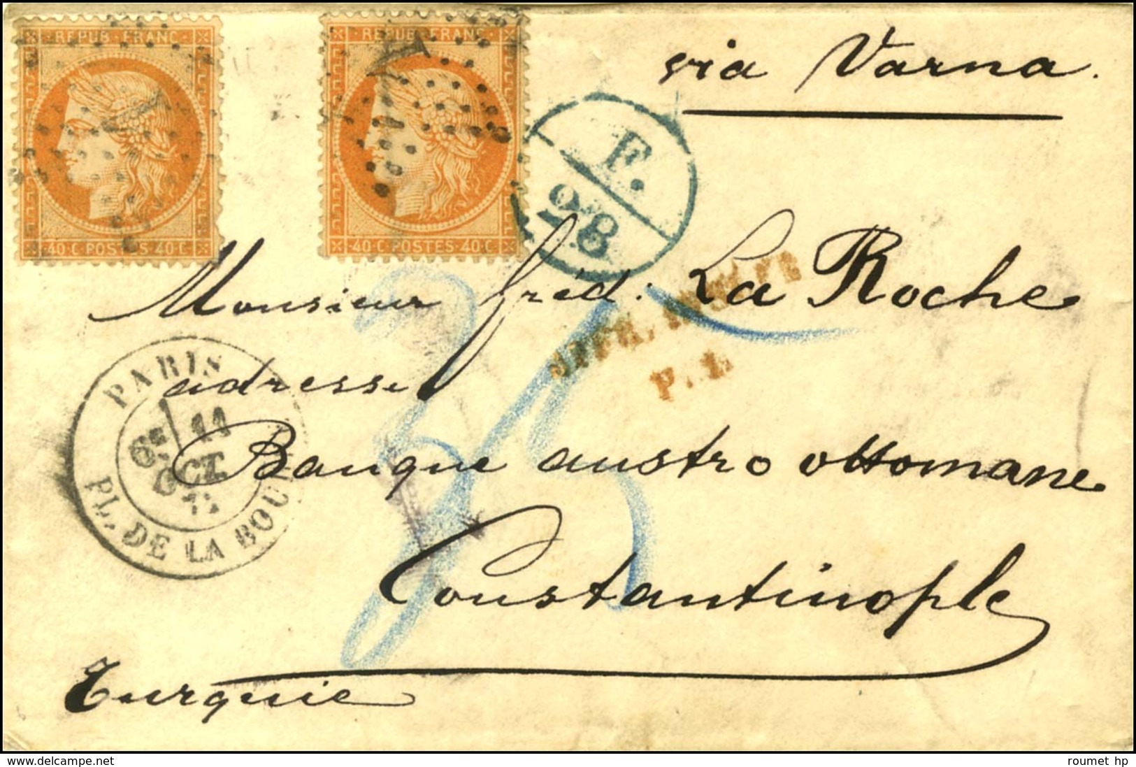 Etoile 1 / N° 38 (2) Càd PARIS / PL. DE LA BOURSE Sur Lettre Insuffisamment Affranchie Pour Constantinople Par La Voie D - 1870 Assedio Di Parigi