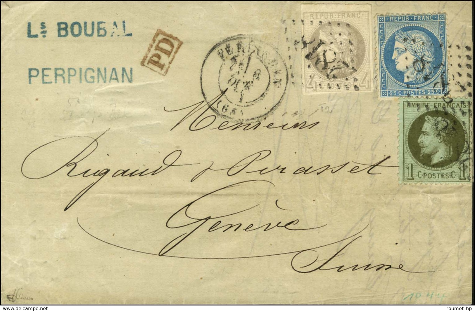 GC 2818 / N° 25 + 41 + 60 Càd T 17 PERPIGNAN (65) Sur Lettre Pour Genève. 1871. - TB. - R. - 1870 Uitgave Van Bordeaux