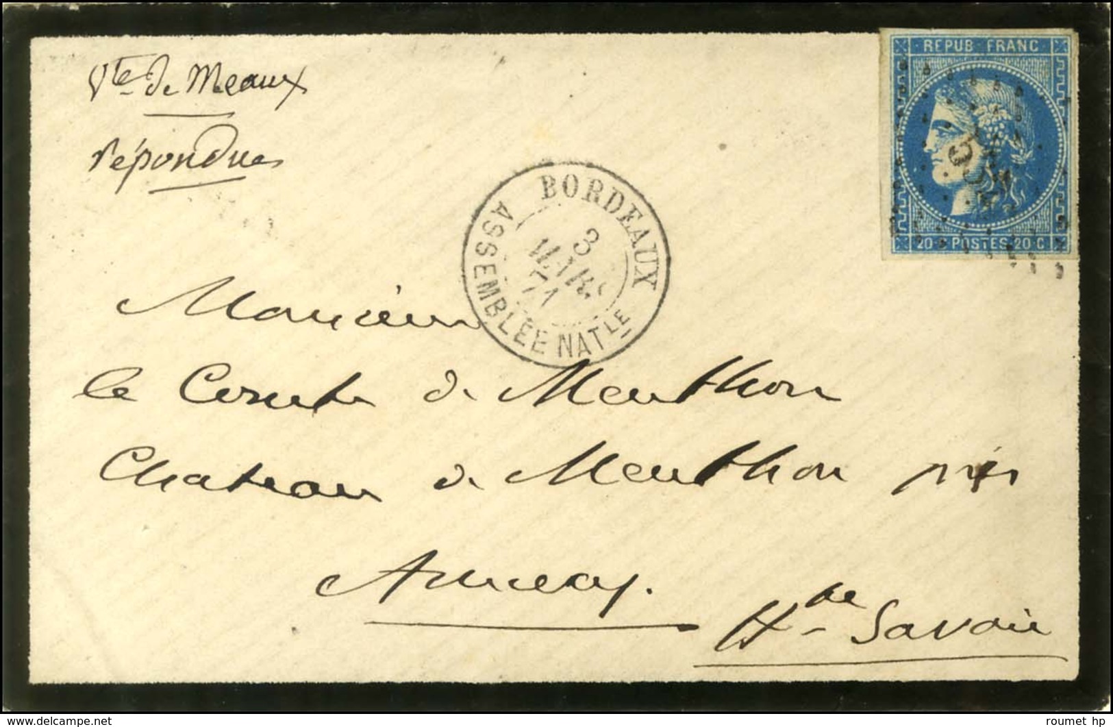 PC Du GC 532 / N° 46 Càd BORDEAUX / ASSEMBLEE NATle 3 MARS 71 Sur Lettre Pour Annecy. - SUP. - R. - 1870 Bordeaux Printing