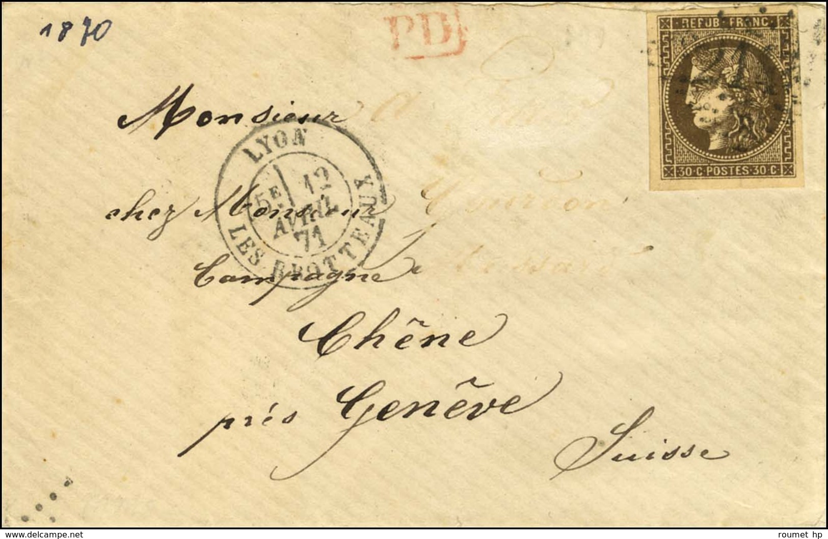 GC 2145 / N° 47 Càd LYON / LES BROTTEAUX Sur Lettre Pour Genève. 1871. - TB / SUP. - 1870 Bordeaux Printing