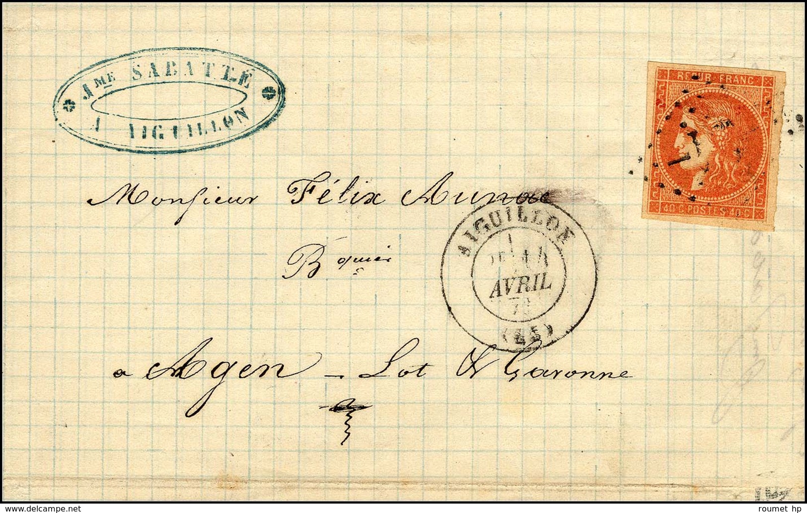 GC 24 / N° 48 Ocre (belle Nuance) Càd T 17 AIGUILLON (45). 1871. - TB / SUP. - R. - 1870 Bordeaux Printing