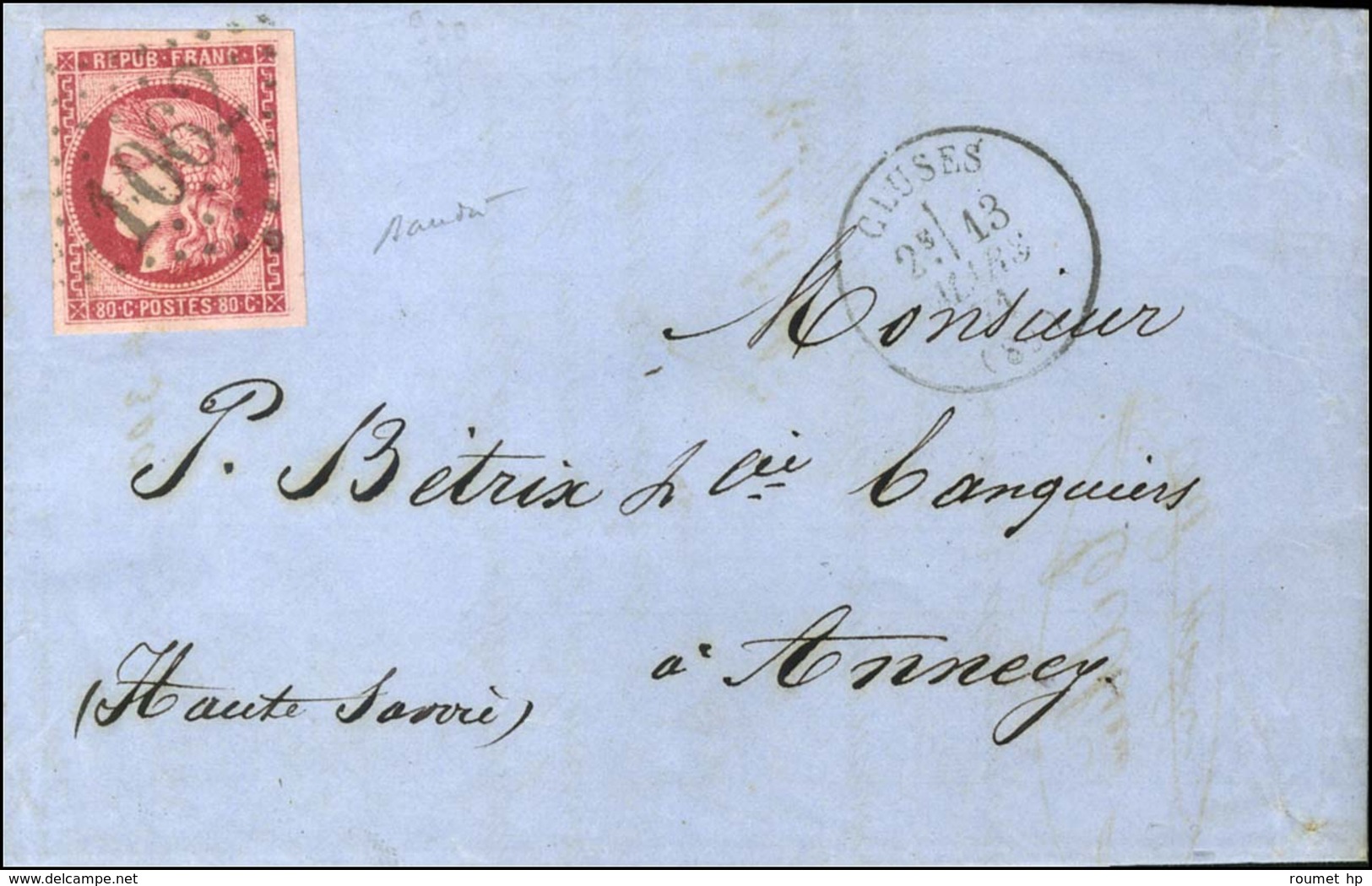 GC 1062 / N° 49 Rose Carmin Càd T 16 CLUSES (89) Sur Lettre 3 Ports Pour Annecy. 1871. - SUP. - R. - 1870 Bordeaux Printing