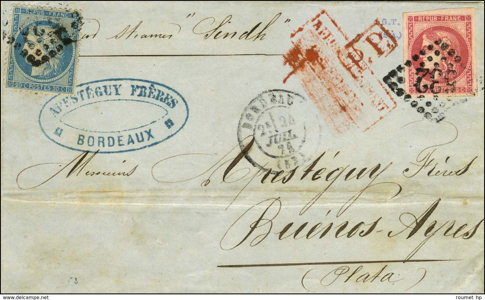 GC 532 / N° 37 + 49 Càd T 17 BORDEAUX (32) Sur Lettre Pour Buenos Ayres. 1871. - TB. - 1870 Bordeaux Printing