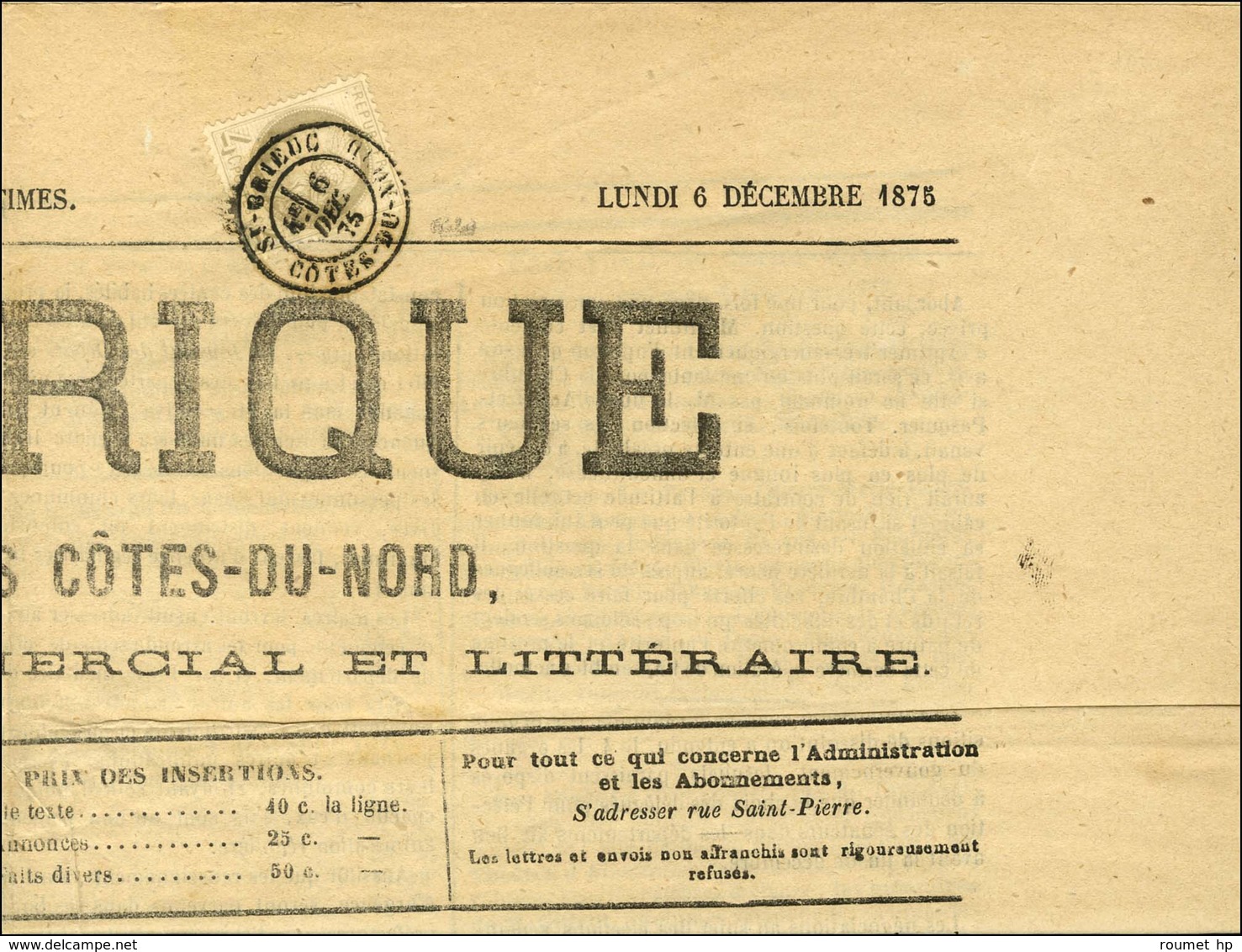 Càd T 18 ST-BRIEUC / CÔTES-DU-NORD / N° 52 Sur Journal Complet L'Armorique Daté Du 6 Décembre 1875. - SUP. - 1871-1875 Ceres