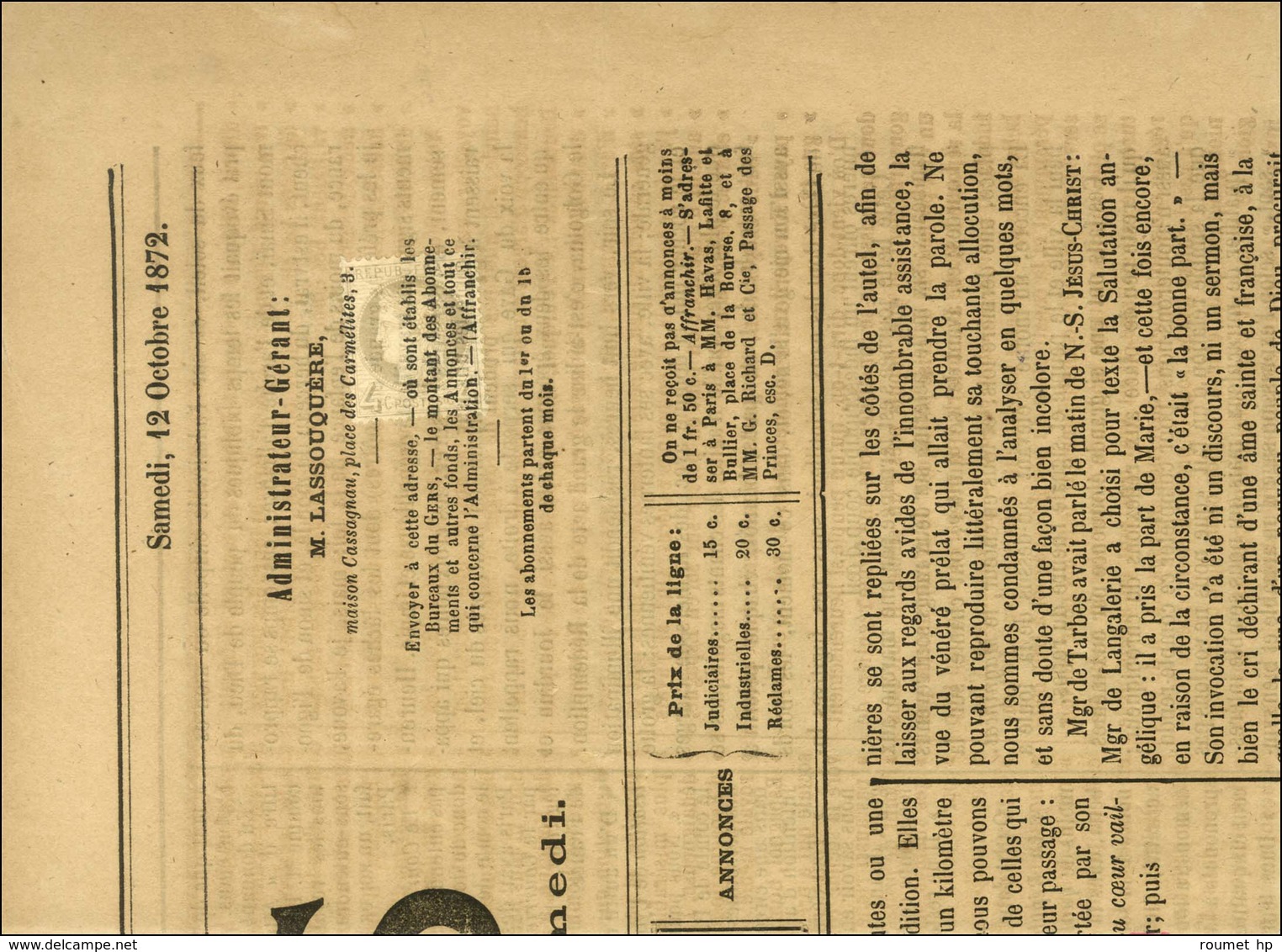 Oblitération Typo / N° 52 Sur Journal Complet Le Gers Daté Du 12 Octobre 1872. - SUP. - R. - 1871-1875 Ceres