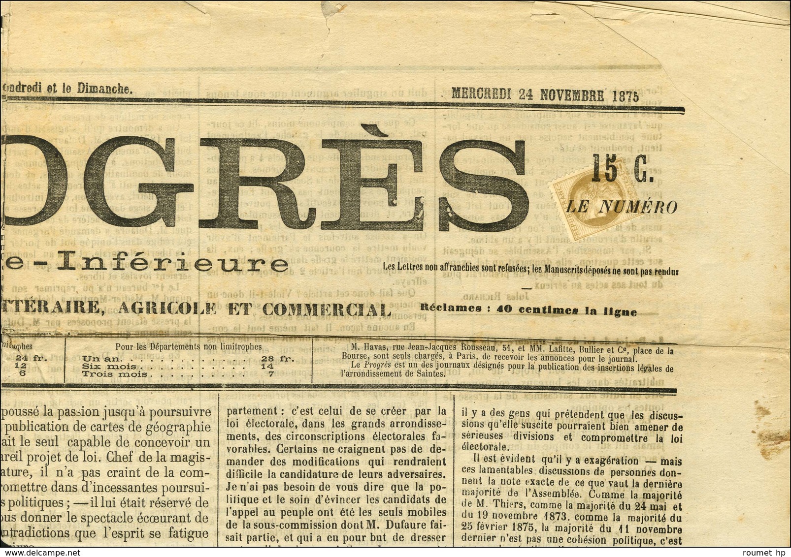 Oblitération Typo / N° 52 Sur Journal Entier LE PROGRES Daté Du 24 Novembre 1875. - TB. - R. - 1871-1875 Ceres