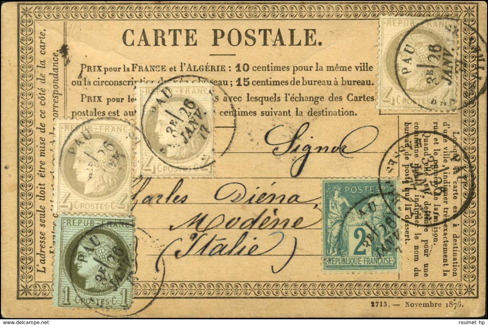 Càd T 18 PAU / BASSES PYRENEES / N° 50 + 52 (3) + 74 Sur CP Pour Modène (Italie). 1877. Bel Affranchissement. - TB. - R. - 1871-1875 Ceres