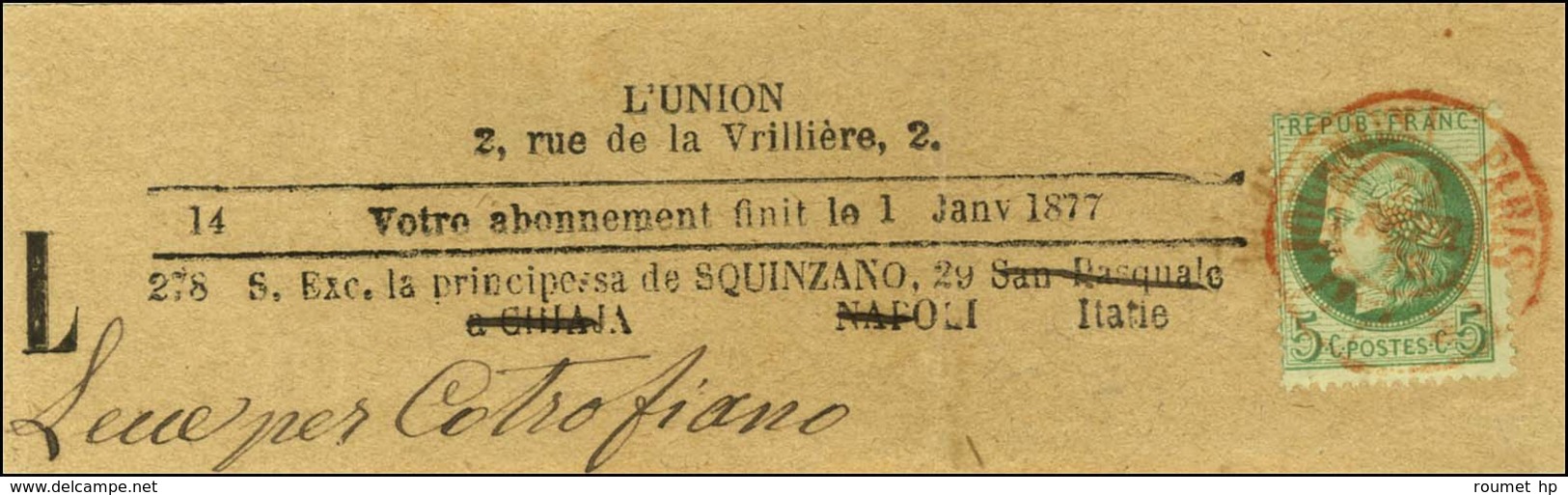 Cachet Rouge Des Imprimés PARIS P.P. / N° 53 Sur Bande D'imprimé Adressé à Naples. 1876. - TB / SUP. - 1871-1875 Ceres