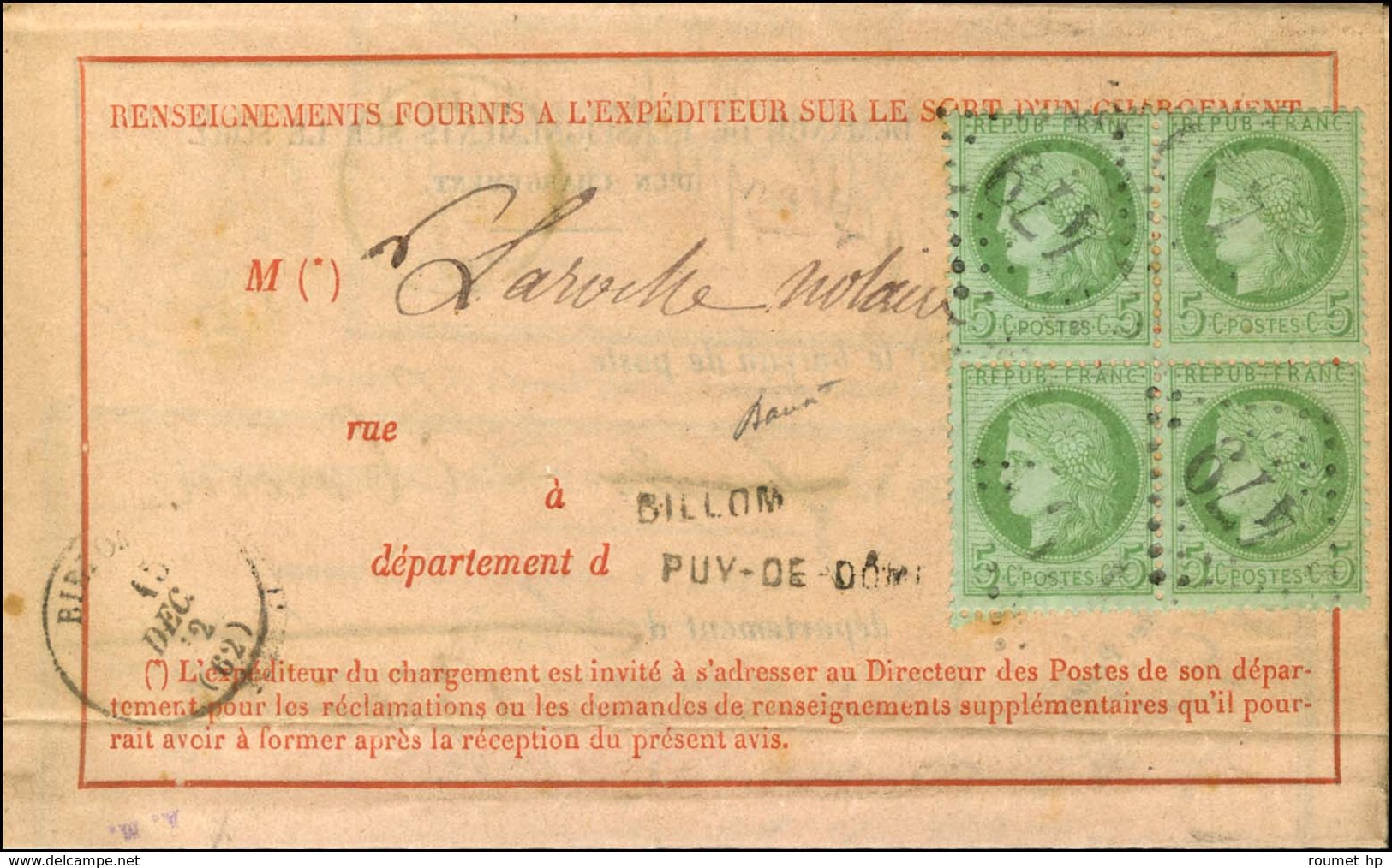 GC 479 / N° 53 Bloc De 4 Càd T 16 BILLOM (62) Sur Avis De Réception. 1872. - TB / SUP. - R. - 1871-1875 Ceres