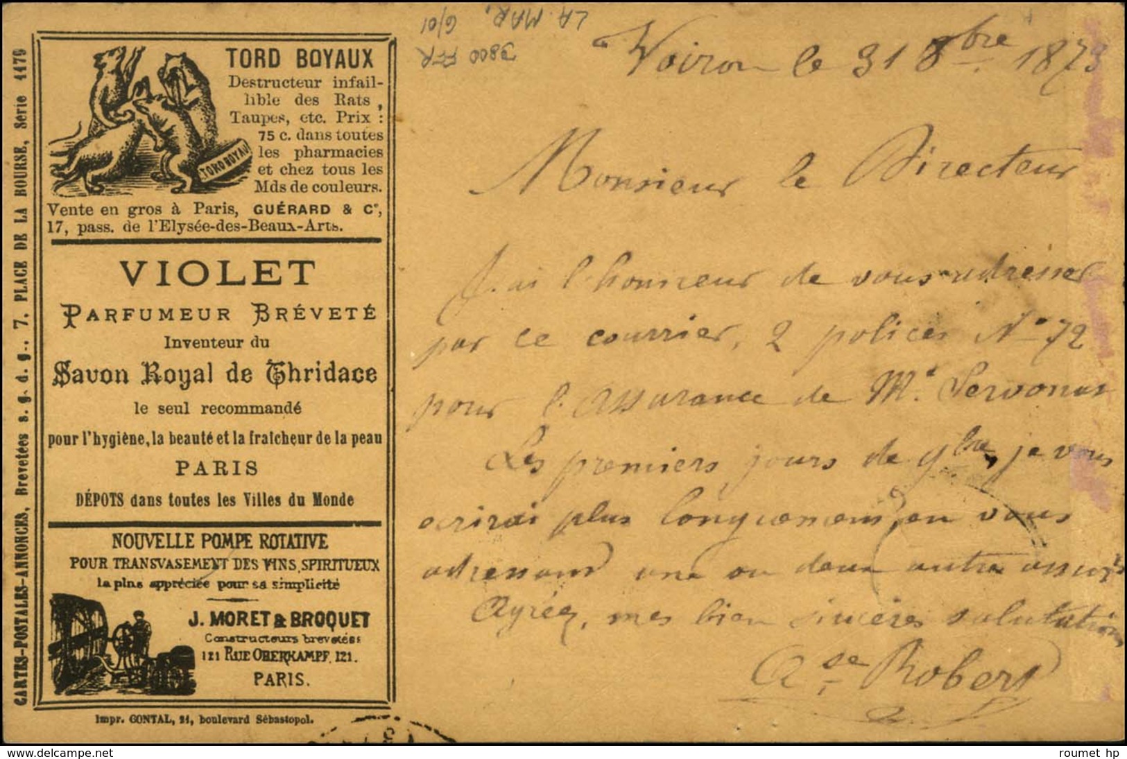 GC 4317 / N° 53 + 58 Avec Perforations CA Càd T 17 VOIRON (37) Sur CP Annonce Pour Valence, Au Recto Càd D'arrivée. 1873 - 1871-1875 Ceres