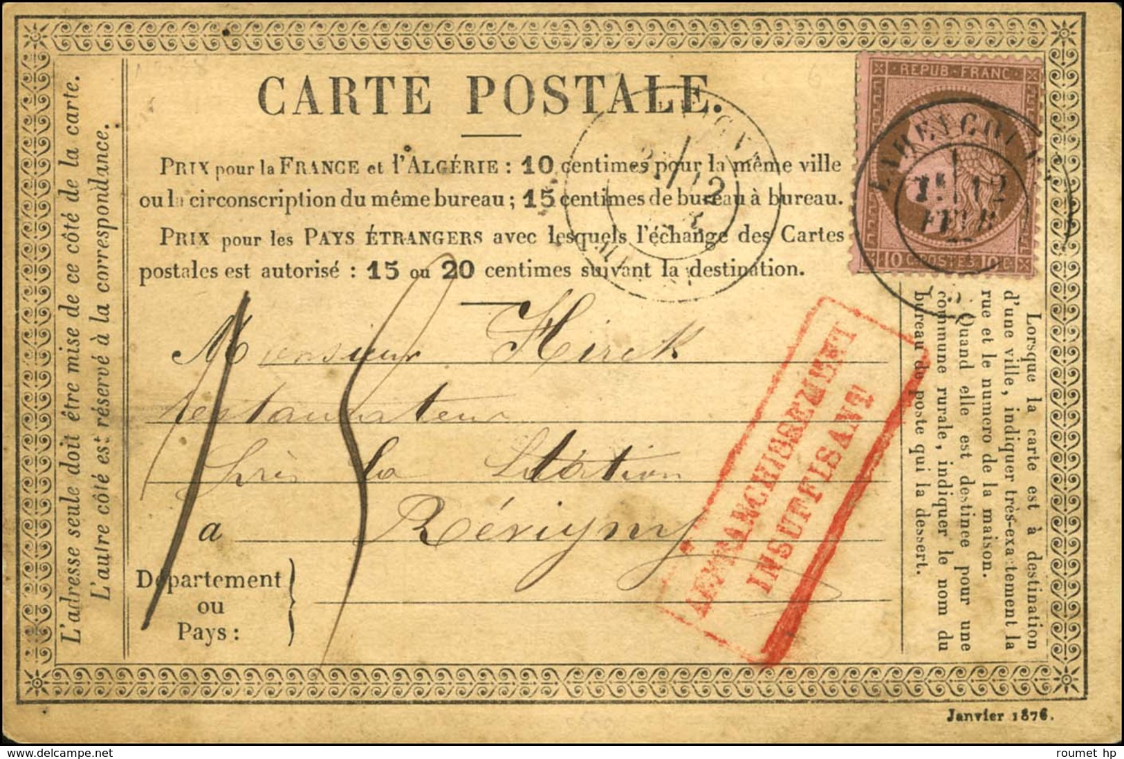 Càd T 17 LAHEYCOURT (53) / N° 54 Sur CP Insuffisamment Affranchie Pour Revigny Taxée 15. 1877. - TB. - 1871-1875 Ceres