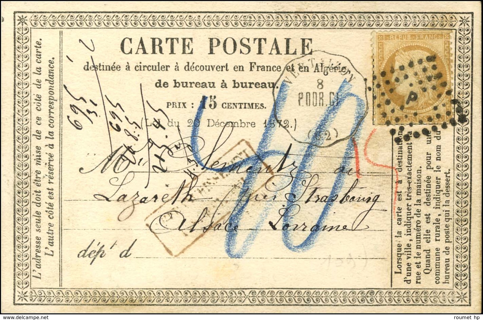 Losange P / N° 55 Conv. Stat. VERTAIZON / P.DOR.CL (62) Sur Carte Insuffisamment Affranchie Pour Strasbourg Taxée 40 Au  - 1871-1875 Ceres