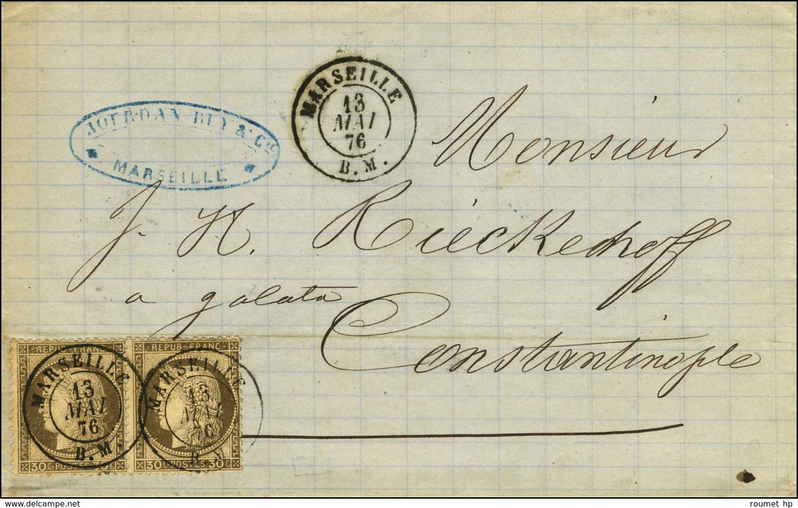 Càd MARSEILLE / B.M. / N° 56 Paire Sur Lettre Pour Constantinople. 1876. - SUP. - 1871-1875 Ceres