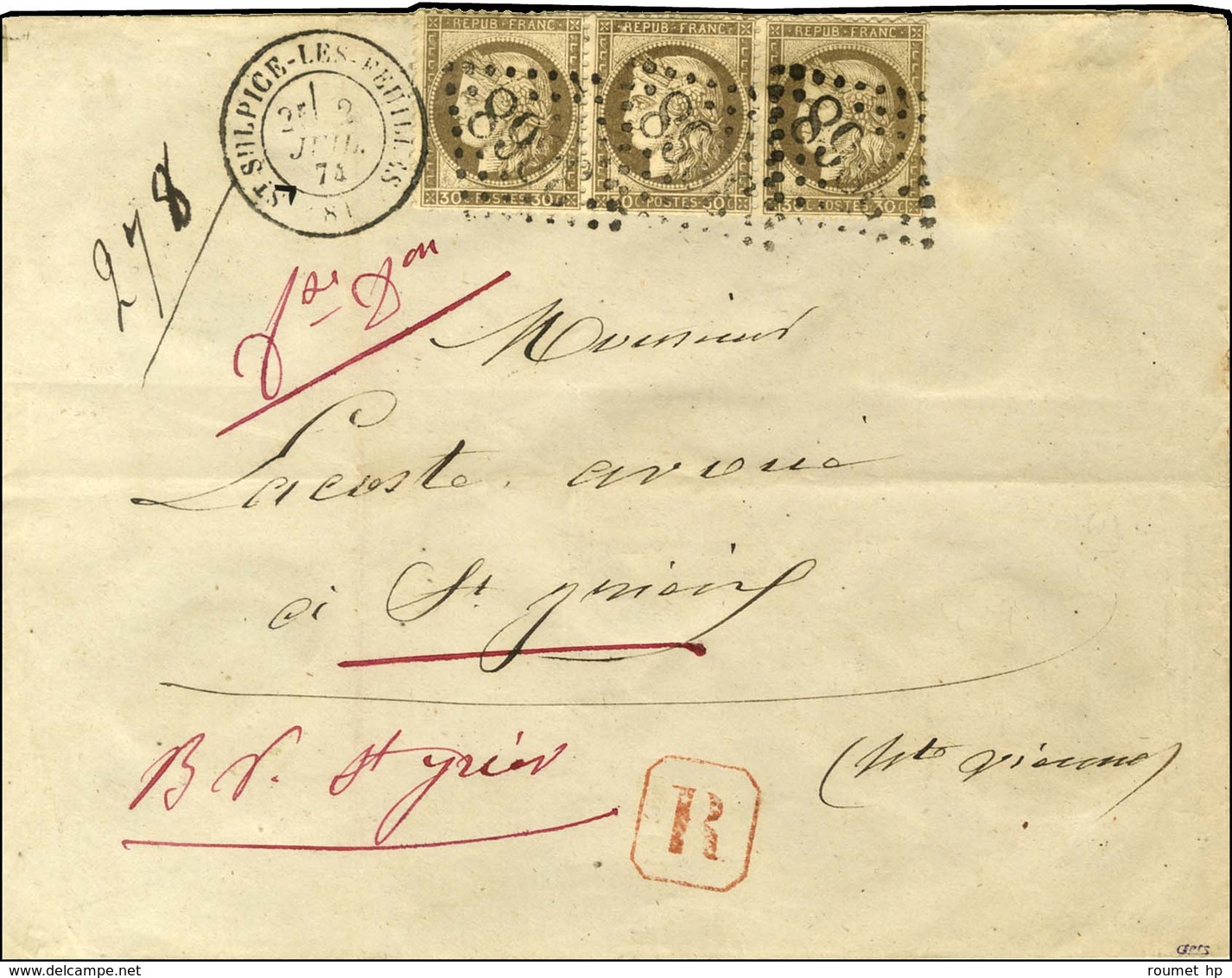 GC 3868 / N° 56 Bande De 3 Càd T 17 ST SULPICE-LES-FEUILLES 81 Sur Lettre Recommandée. 1874. - TB / SUP. - 1871-1875 Ceres