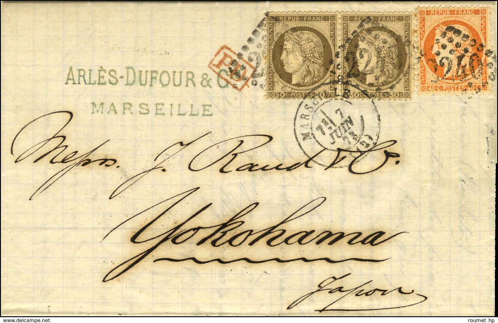 GC 2240 / N° 38 + 56 (2) Càd T 17 MARSEILLE (12) Sur Lettre Pour Yokohama. 1873. - SUP. - R. - 1871-1875 Ceres