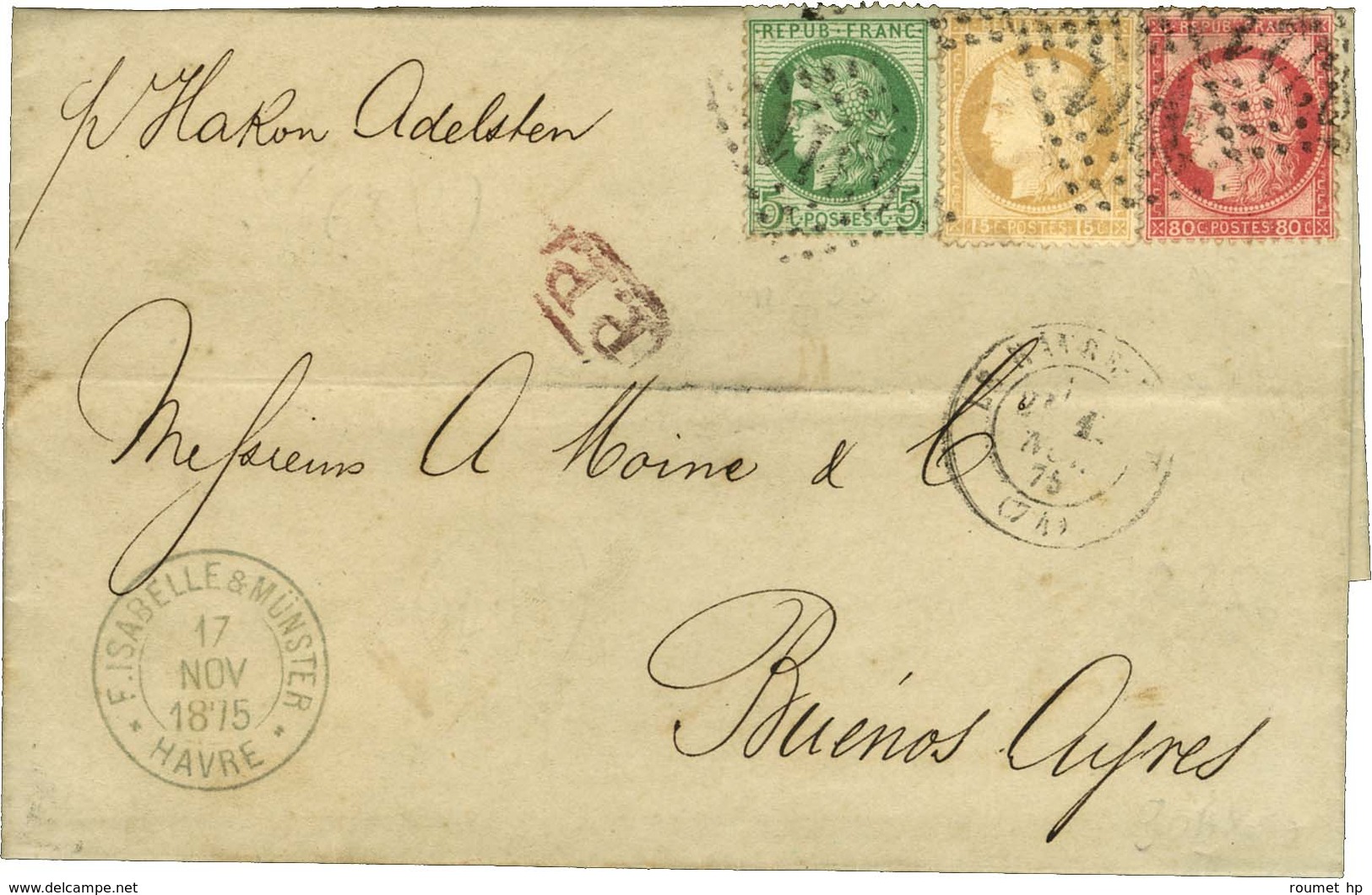 GC 6311 / N° 53 + 57 + 59 Càd LE HAVRE-PORT (74) Sur Lettre Pour Buenos Ayres. 1875. - TB. - 1871-1875 Ceres