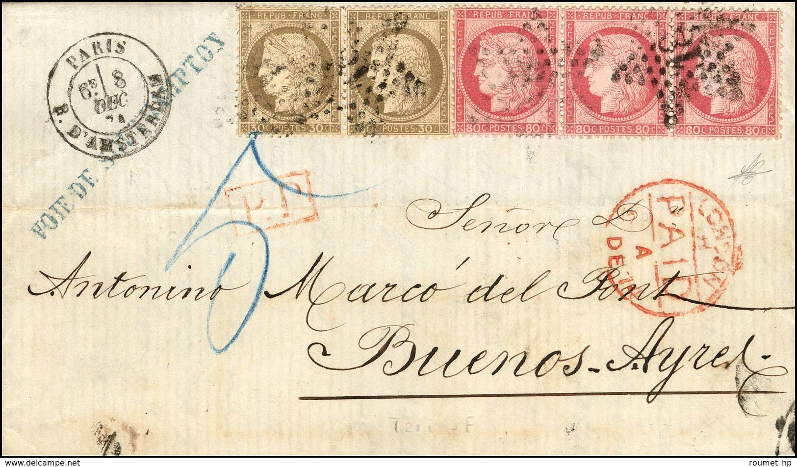 Etoile 18 / N° 56 (paire) + 57 (bande De 3) Càd R. D'AMSTERDAM Sur Lettre 3 Ports Pour Buenos Ayres (Argentine), Taxe 5  - 1871-1875 Ceres
