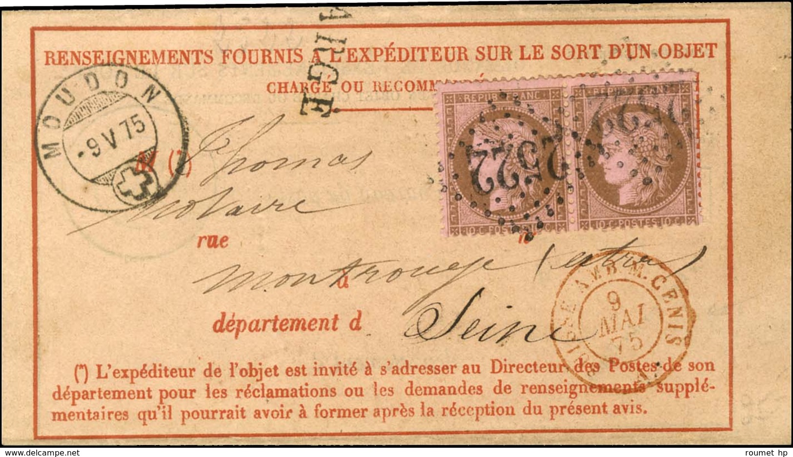 GC 252 / N° 58 Paire Sur Avis De Réception, Au Recto Càd Suisse MOUDON Et Càd D'entrée Rouge SUISSE AMB. M. CENIS. 1875. - 1871-1875 Ceres