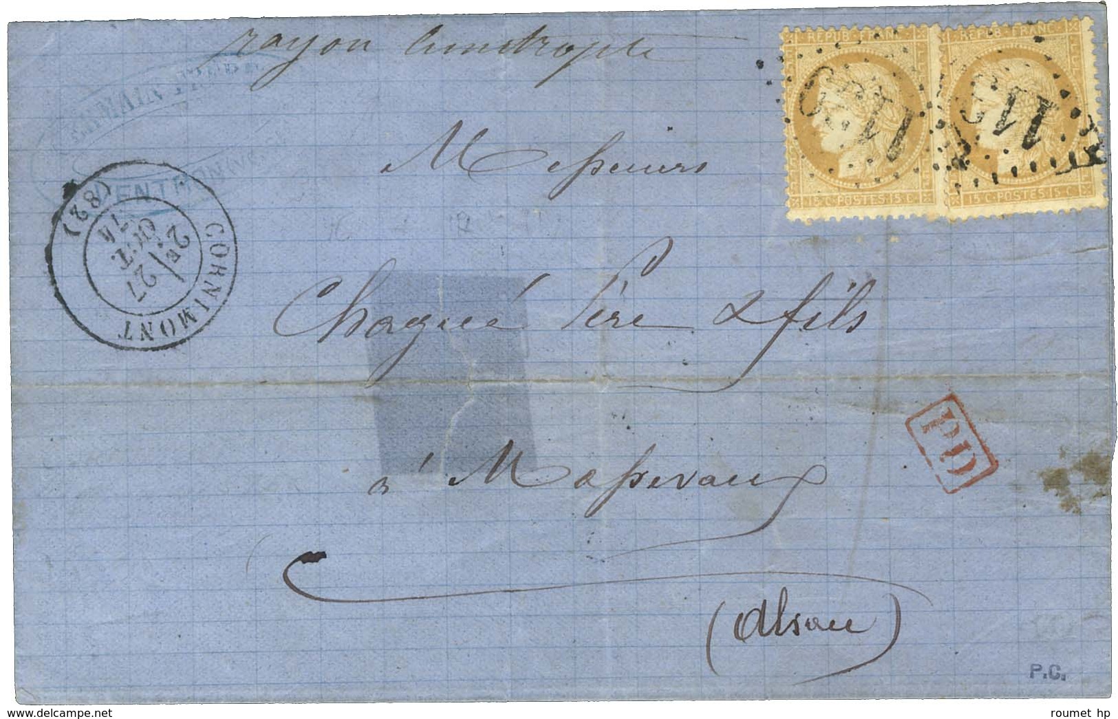 GC 1139 / N° 59 (2) Càd T 17 CORIMONT (82) Sur Lettre Pour Massevaux, Au Recto Mention Manuscrite Rayon Limitrophe. 1874 - 1871-1875 Ceres