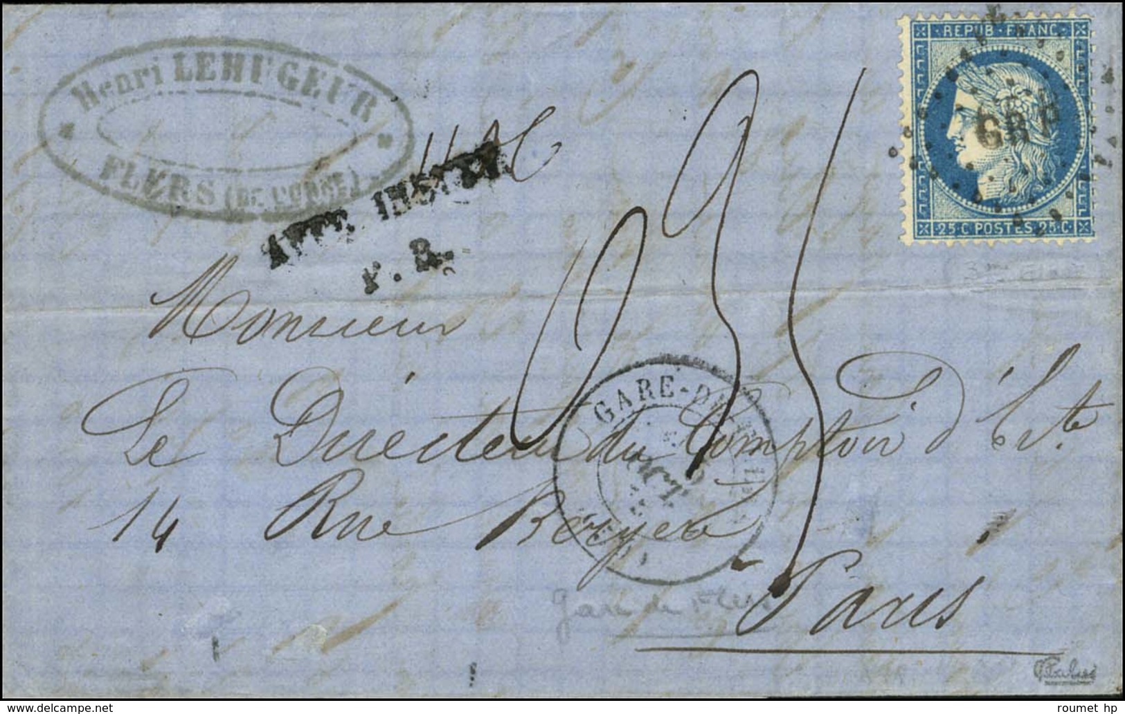 Losange GRP / N° 60 Càd GARE DE FLERS (59) Sur Lettre Insuffisamment Affranchie Pour Paris Taxée 0,35. 1875. - TB. - 1871-1875 Ceres