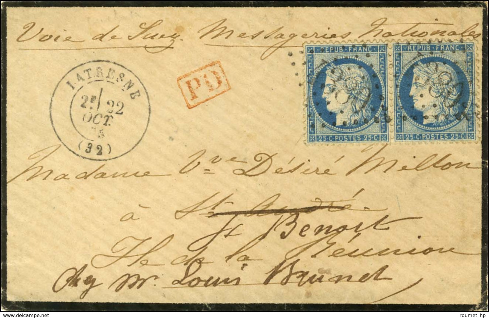 GC 4380 / N° 60 Paire Càd T 17 LATRESNE (32) Sur Lettre Adressée à St André (Île De La Réunion) Réexpédiée à St Benoît.  - 1871-1875 Ceres