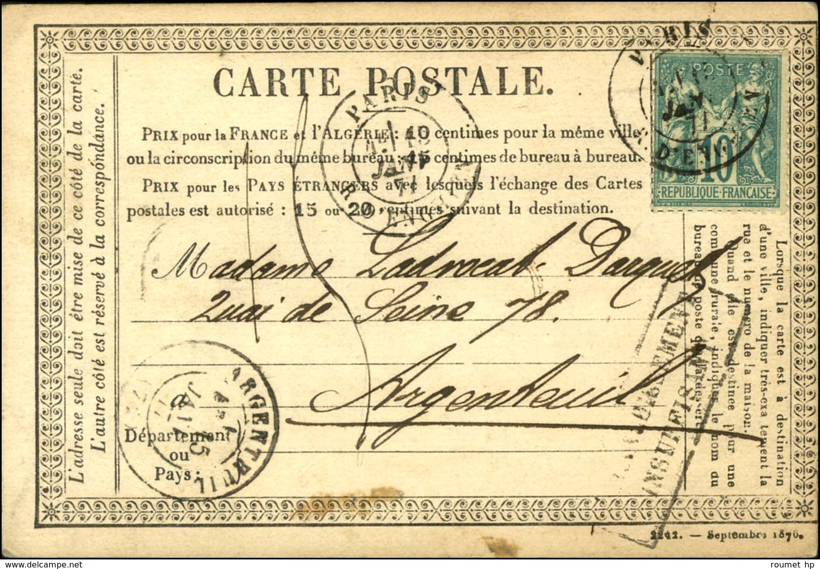 PARIS / R. D'ENGHIEN / N° 65 Sur CP Insuffisamment Affranchie Pour Argenteuil Taxée 15. 1877. - TB. - 1876-1878 Sage (Type I)