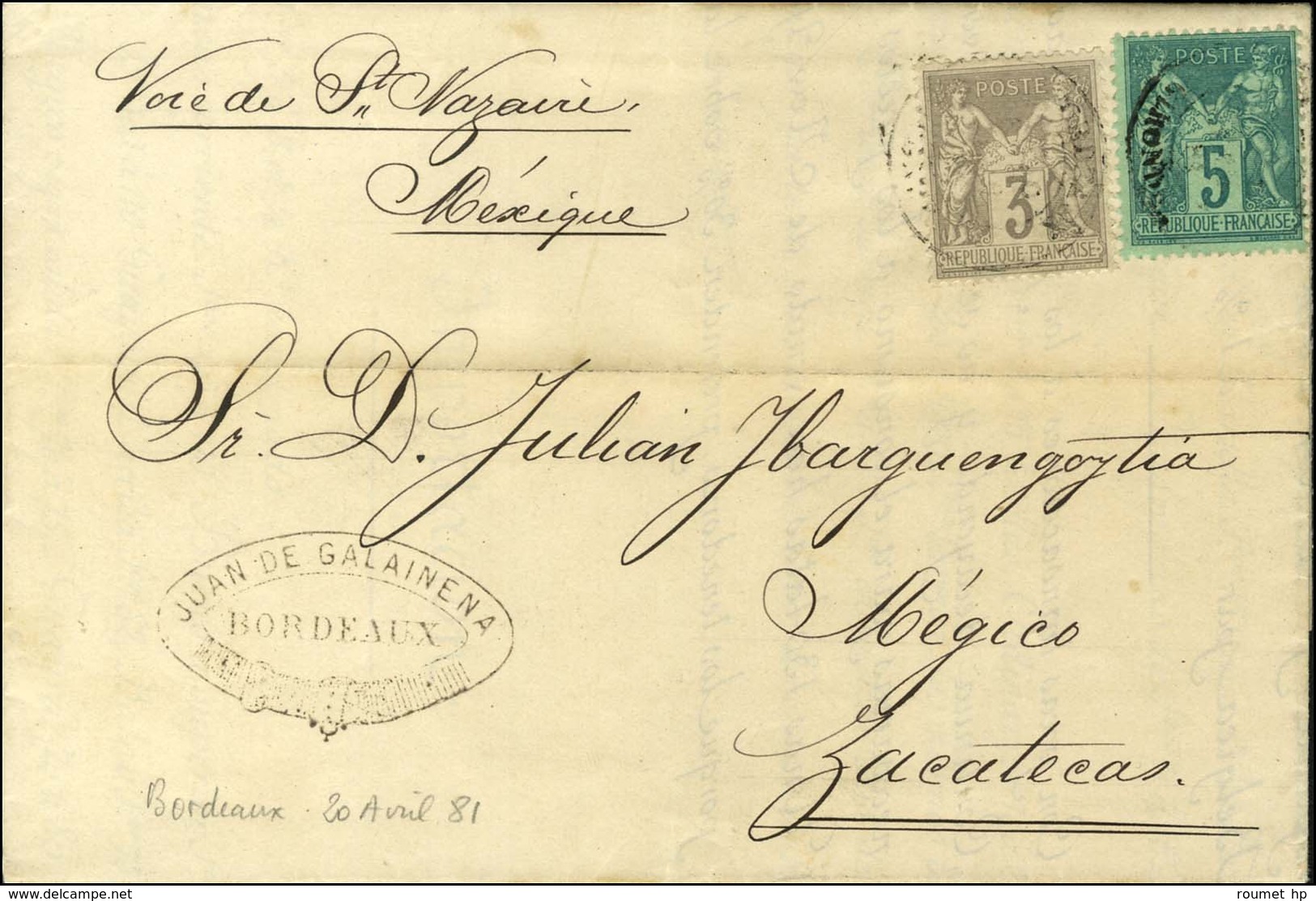 Càd T 18 BORDEAUX / GIRONDE / N° 75 + 87 Sur Imprimé Complet Pour Zacatecas (Mexique). 1881. - TB / SUP. - R. - 1876-1878 Sage (Type I)