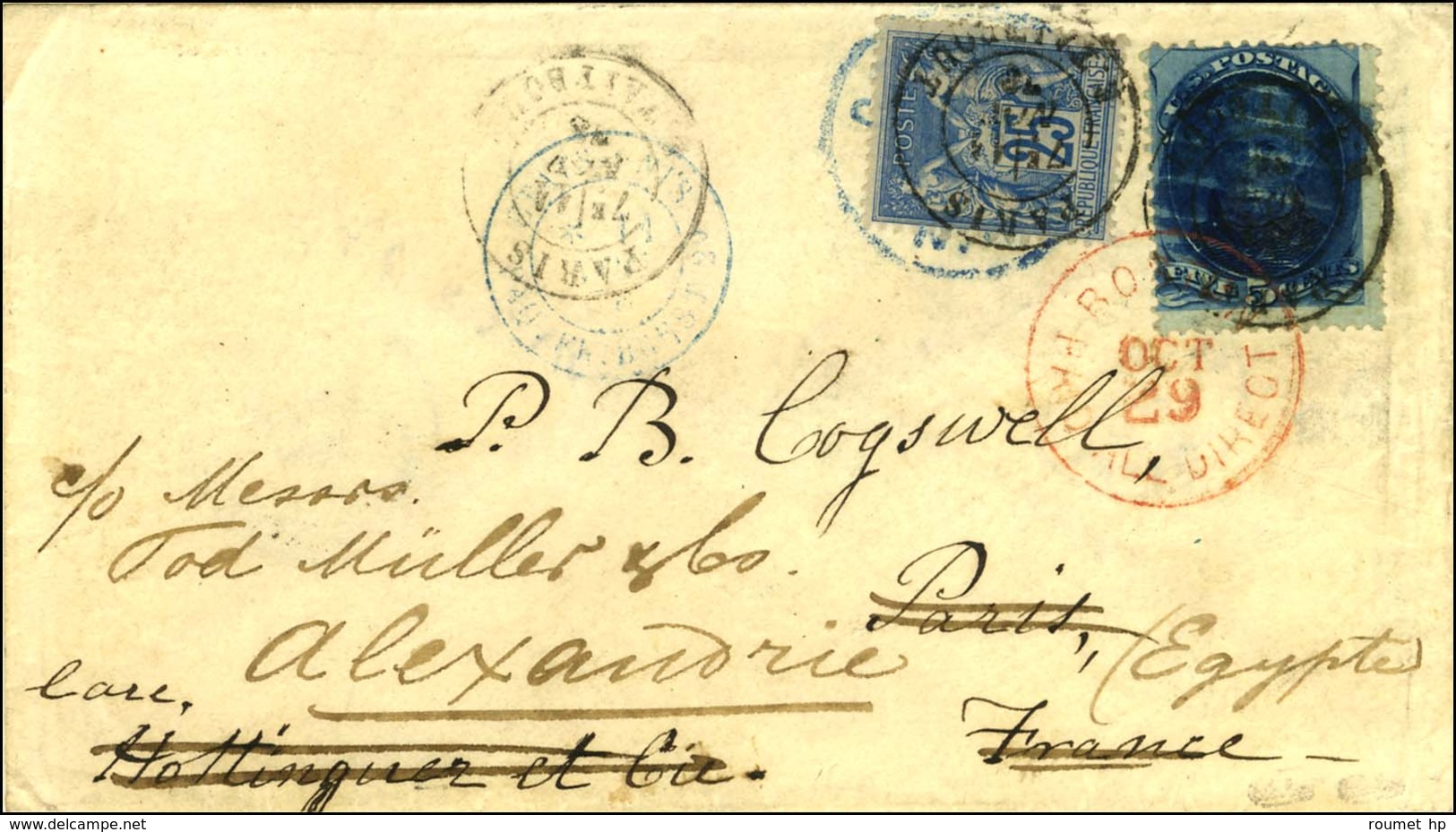 Lettre Des Etats Unis Affranchie Avec TP 5 Cents Bleu Adressée à Paris Et Réexpédiée à Alexandrie (Egypte) à L'aide D'un - 1876-1878 Sage (Type I)