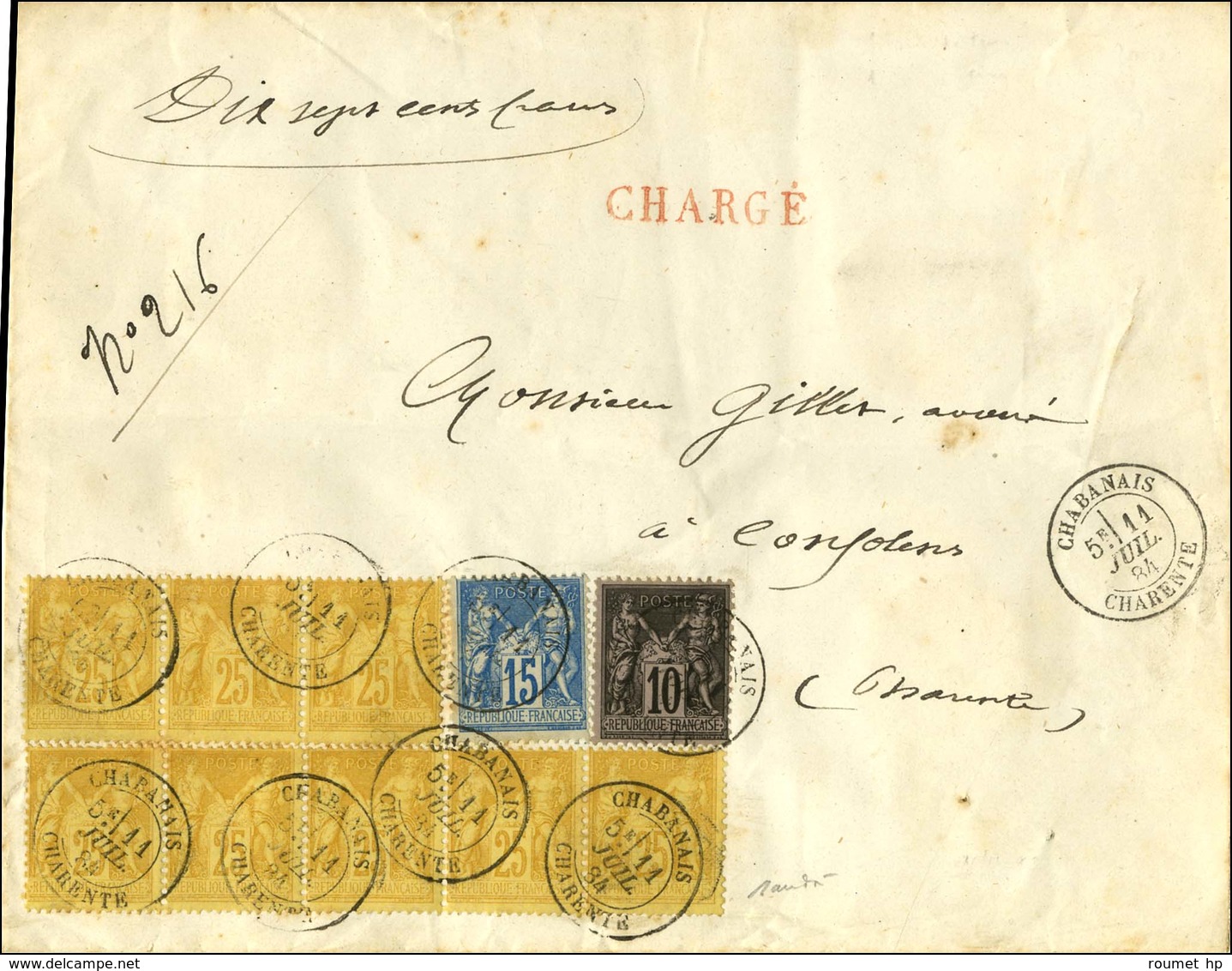 Càd T 18 CHABANAIS / CHARENTE / N° 89 + 90 + 92 Bande De 3 (jaune Clair) + 92 Bande De 5 (jaune Foncé) Sur Lettre Chargé - 1876-1878 Sage (Tipo I)