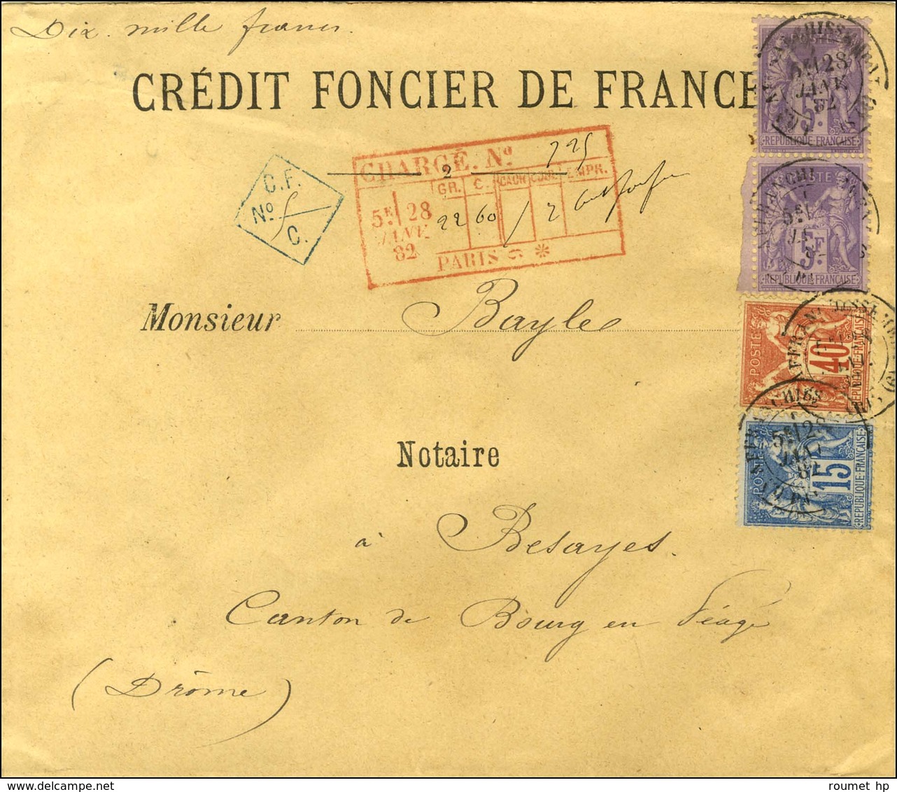 Càd AFFRANCHISSEMENT / PARIS / N° 90 + 94 + 95 (2) Descriptif Rouge De Chargement Au Recto Sur Lettre Chargée Pour Besay - 1876-1878 Sage (Tipo I)