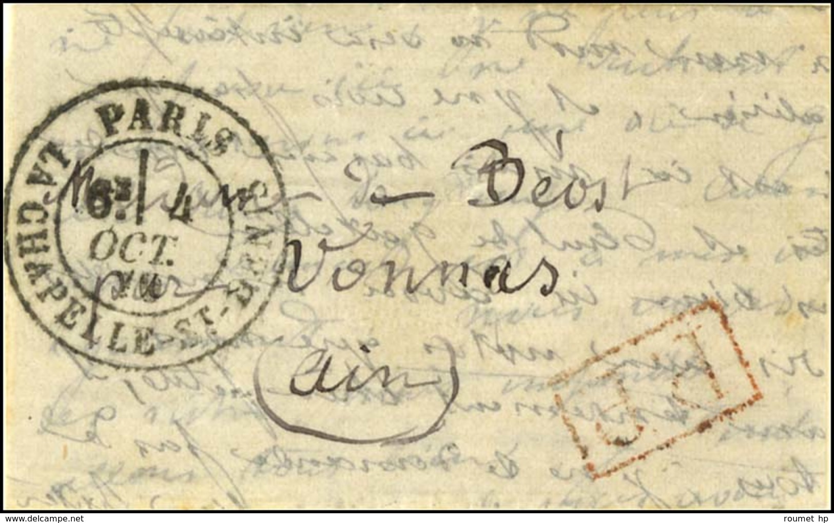 Càd PARIS / LA CHAPELLE St DENIS 4 OCT. 70 + P.P. Rouge Sur Lettre D'un Militaire Pour Vonnas, Au Verso Càd D'arrivée Il - War 1870