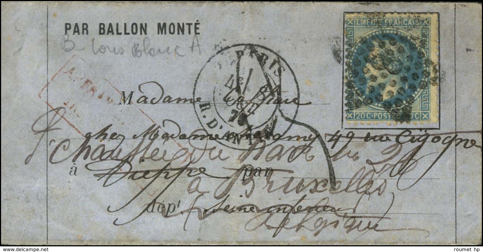 Etoile 8 / N° 29 Càd PARIS / R. D'ANTIN Sur Lettre PAR BALLON MONTE Adressée à Dieppe Et Réexpédiée à Bruxelles à L'aide - Guerra Del 1870