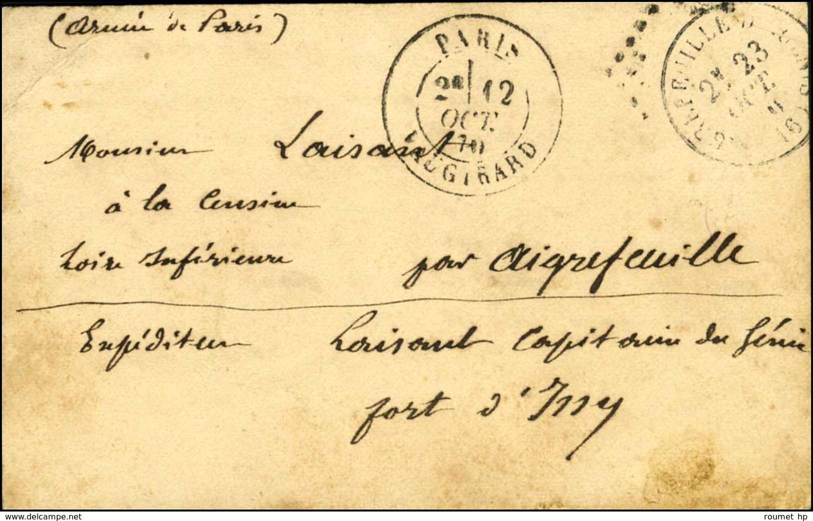 Càd PARIS / VAUGIRARD 12 OCT. 70 Sur Carte Datée Du Fort D'Issy Le 11 Octobre 70 Adressée '' à Aigrefeuille Loire Inféri - Guerre De 1870