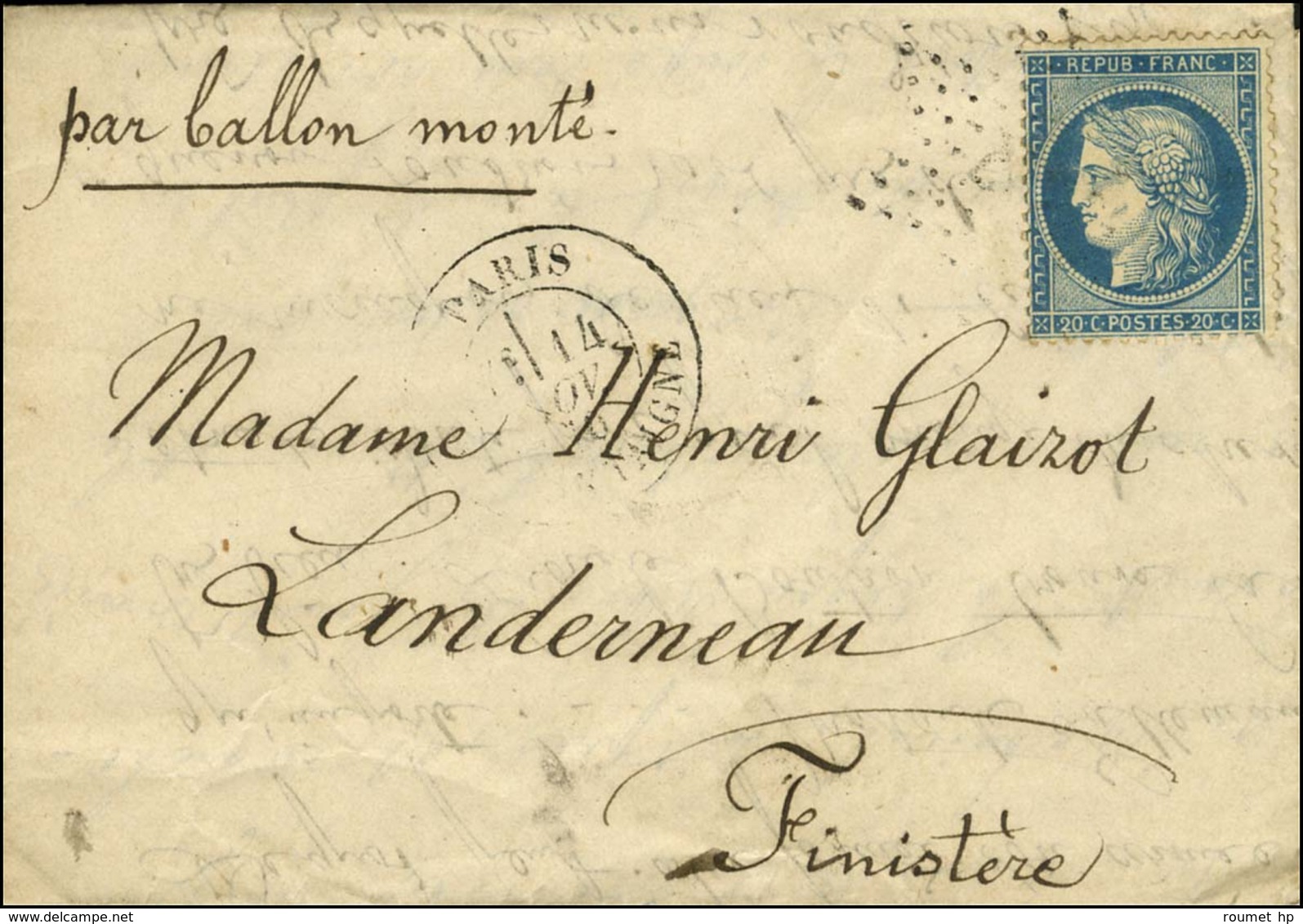 Etoile 9 / N° 37 Càd PARIS / R. MONTAIGNE 14 NOV. 70 Sur Lettre Avec Très Bon Texte Mentionnant La Prise Du Ballon DAGUE - War 1870