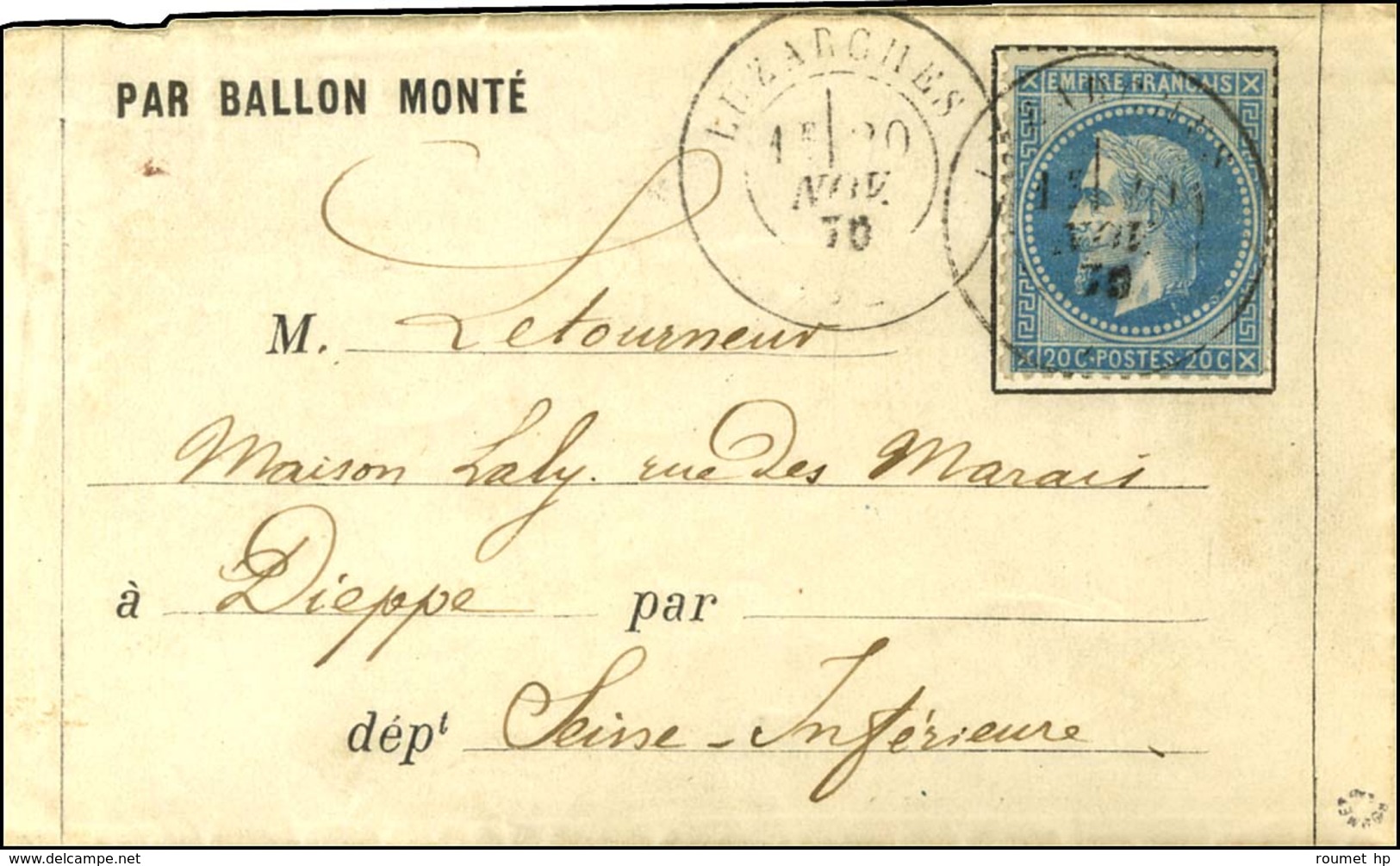 Lettre Avec Texte Daté De Paris Le 15 NOV. 70 Pour Dieppe, Càd T 17 LUZARCHES (72) 20 NOV. 70 (1e Levée) / N° 29, Au Ver - Guerra Del 1870