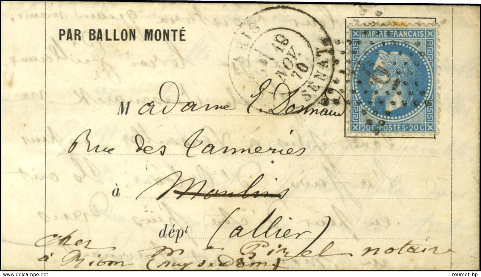 Etoile 6 / N° 29 Càd PARIS / SENAT 19 NOV. 70 Sur Lettre PAR BALLON MONTE Pour Moulins Réexpédiée à Riom. Au Verso, Càd  - Guerra Del 1870