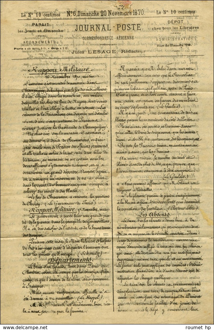 Etoile 4 / N° 37 Càd PARIS / RUE D'ENGHIEN 21 NOV. 70 Sur Journal Poste N° 6 Pour St Sebastien (Creuse), Au Verso Càd D' - War 1870